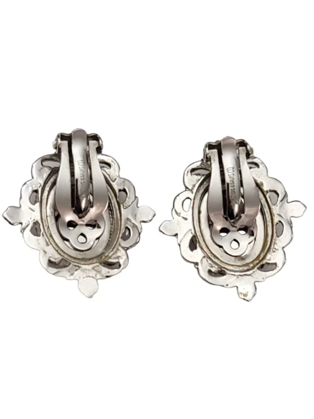 Whiting & Davis Co. Silver Tone Glass Cab Clip-On Earrings, Signed K178